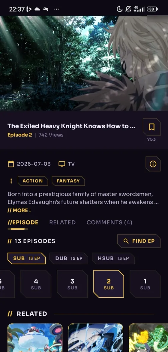 Episode page with SUB, DUB and HSUB tabs
